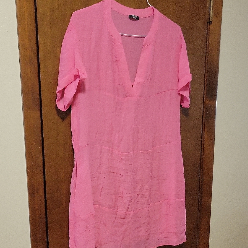 Pink Short Sleeve Sheer Coverup Dress S